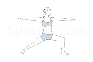 Warrior II pose (Virabhadrasana II) instructions, illustration and mindfulness practice. Learn about preparatory, complementary and follow-up poses, and discover all health benefits. https://spotebi.com/exercise-guide/warrior-ii-pose/