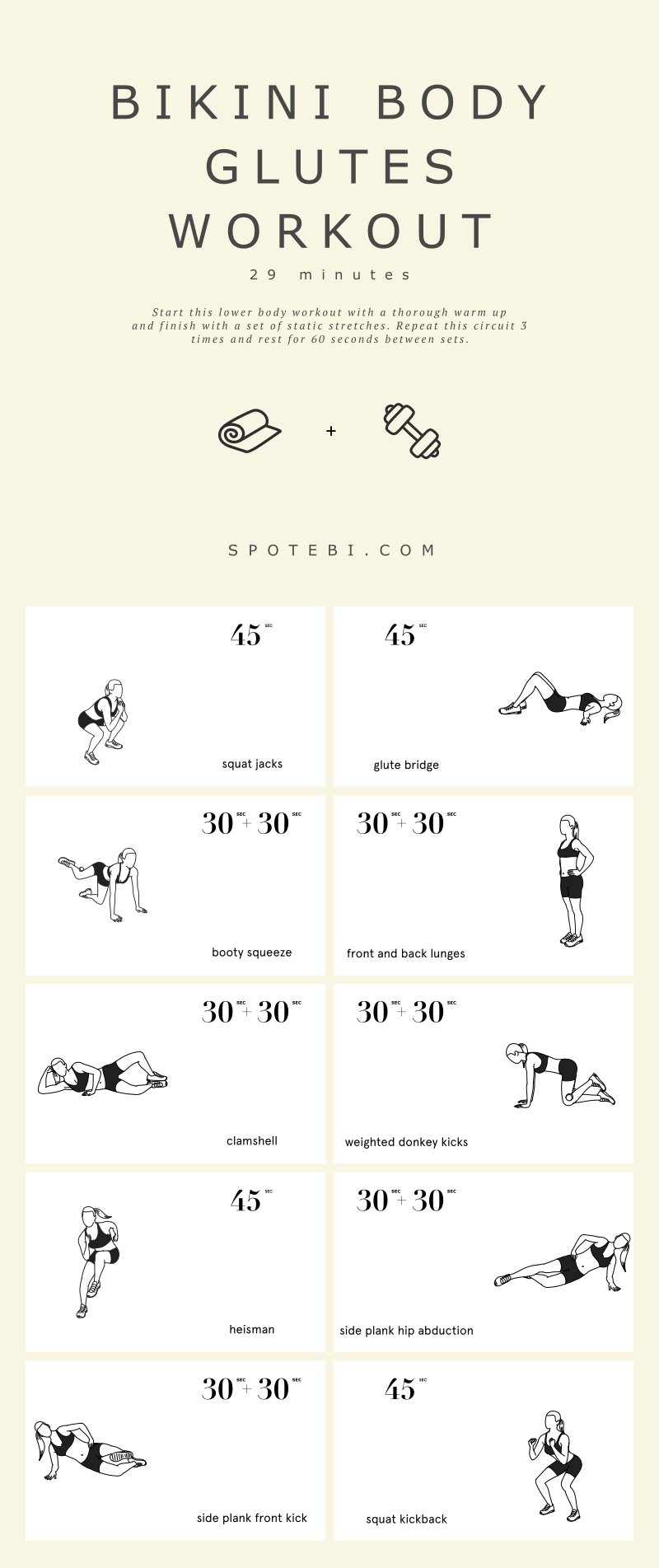 Get your glutes fired up and bikini ready with these 10 butt-kicking moves. A 30 minute at home glute workout designed to help you build round glutes, firm thighs, and a tighter core! https://spotebi.com/workout-routines/at-home-bikini-body-glute-workout/