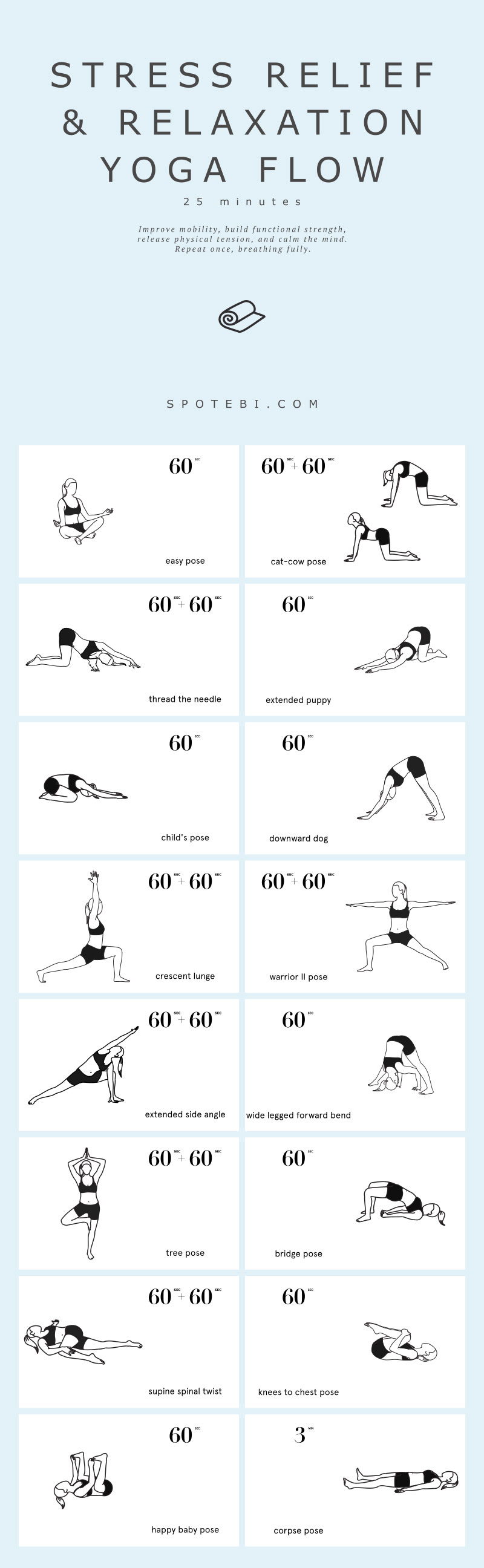 This 25-minute stress relief yoga flow gently works the whole body to release tension, improve mobility, build strength, and promote relaxation. https://spotebi.com/yoga-sequences/stress-relief-relaxation/